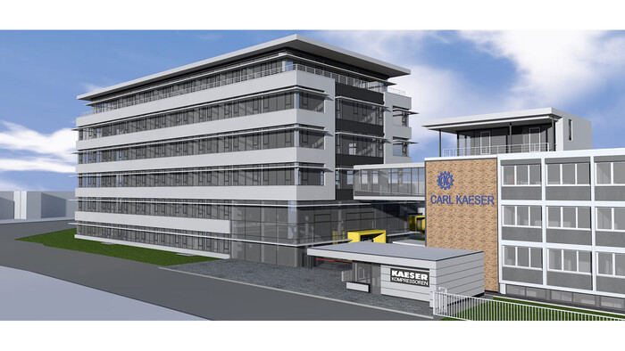 Sidovy av datoranimeringen av Kaeser kompressorers nya administrationsbyggnad